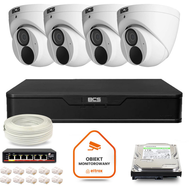 Zestaw monitoringu IP BCS Point 4x Kamera BCS-P-EIP28FWR3-Ai2 Rejestrator z dyskiem 1TB