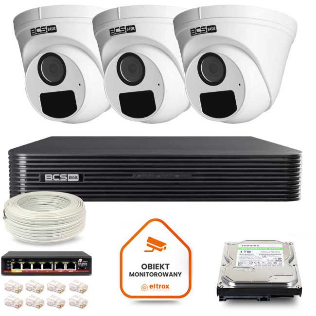 Zestaw monitoringu IP BCS Basic 3x Kamera BCS-B-EIP15FR3(2.0) Rejestrator z dyskiem 1TB