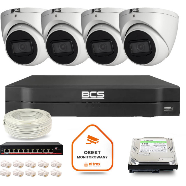 Zestaw monitoringu IP BCS Line 4x Kamera BCS-L-EIP14FSR3-AI1 Rejestrator z dyskiem 1TB