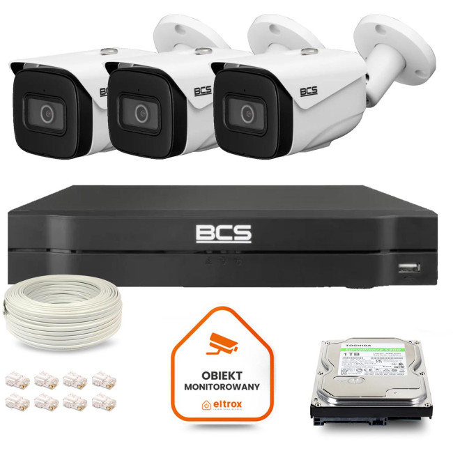 Zestaw monitoringu IP BCS Line 3x Kamera BCS-L-TIP25FSR5-Ai1 Rejestrator z dyskiem 1TB