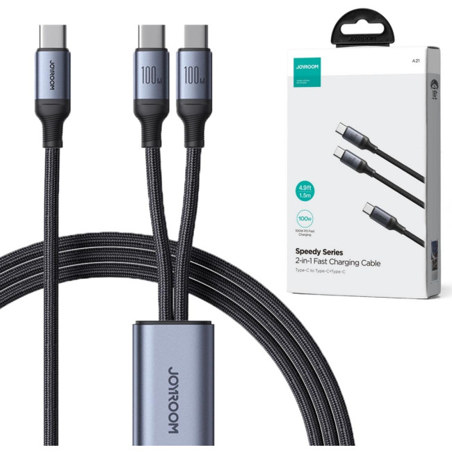 Kabel 2w1 USB-C / 2x USB-C Joyroom Speedy SA21-1T2 150cm 100W w oplocie czarny