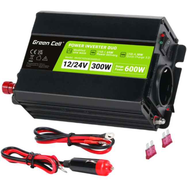 PRZETWORNICA NAPIĘCIA INVERTER Green Cell DUO 12/24V - 230V 300W/600W MODYFIKOWANA SINUSOIDA