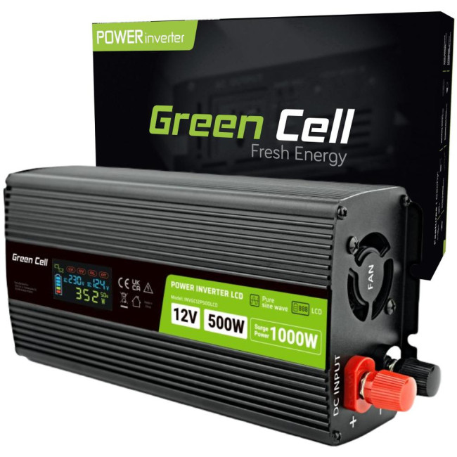 PRZETWORNICA NAPIĘCIA Green Cell PowerInverter LCD 12V / 230V 500W/1000W CZYSTA SINUSOIDA