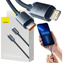 KABEL USB-C / Lightning iPhone Baseus Crystal CAJY000301 2m 20W PD QC CZARNY W OPLOCIE PREMIUM