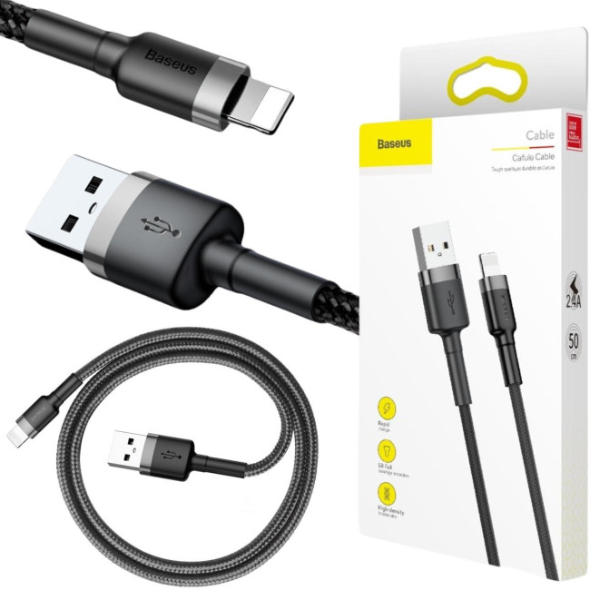 KABEL USB-A / Lightning iPhone Baseus Cafule CALKLF-AG1 50cm Apple 2.4A CZARNO-SZARY W OPLOCIE