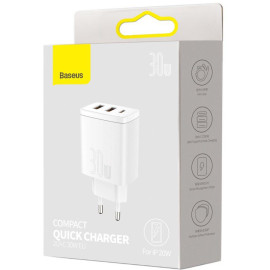 ŁADOWARKA SIECIOWA Baseus Compact Quick Charger CCXJ-E02 30W 2x USB-A 1x USB-C PD 3.0 QC 3.0 BIAŁA