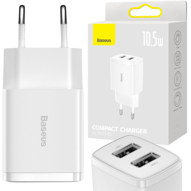 ŁADOWARKA SIECIOWA Baseus Compact Charger CCXJ010202 10.5W 2x USB-A BIAŁA